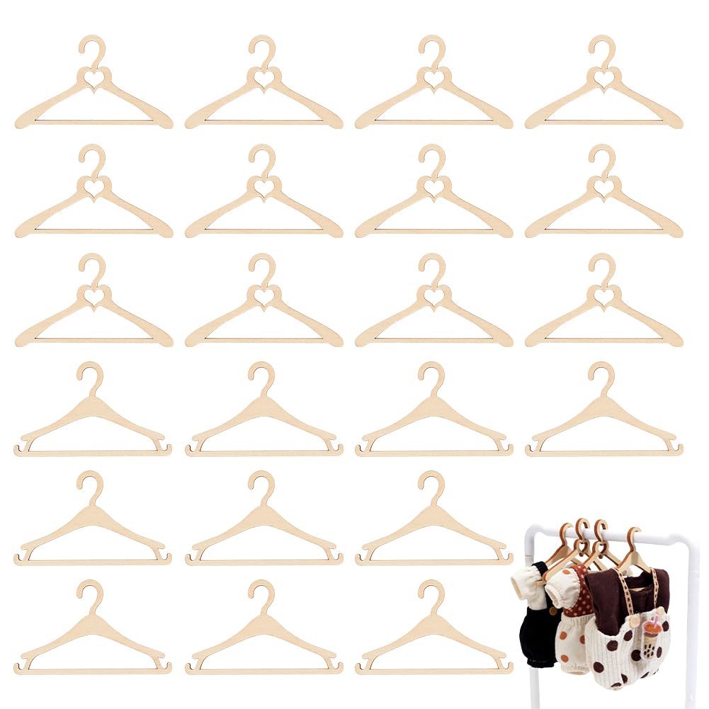 BENECREAT 24Pcs 42x75mm/1.65x2.95inch Miniature Clothes Hangers, Saddle Brown Display Clothing Rack, Mini Wooden Clothes Hangers for Miniature Boutique Display, 3mm Thickness