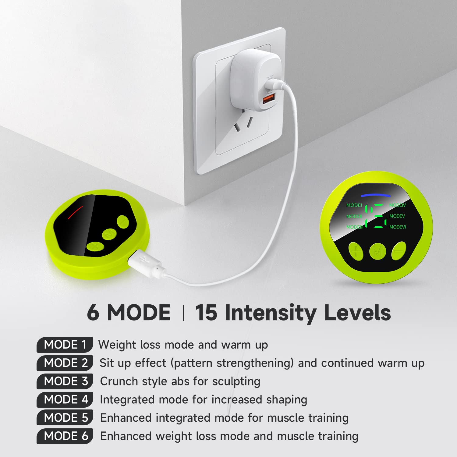 EMS Electroestimulador Muscular, Abdominales Electroestimulacion, Abdominales Cinturón, Masajeador Eléctrico Cinturón, 6 Modos y 15 Niveles de Intensidad (Hombres/Mujeres) - Verde