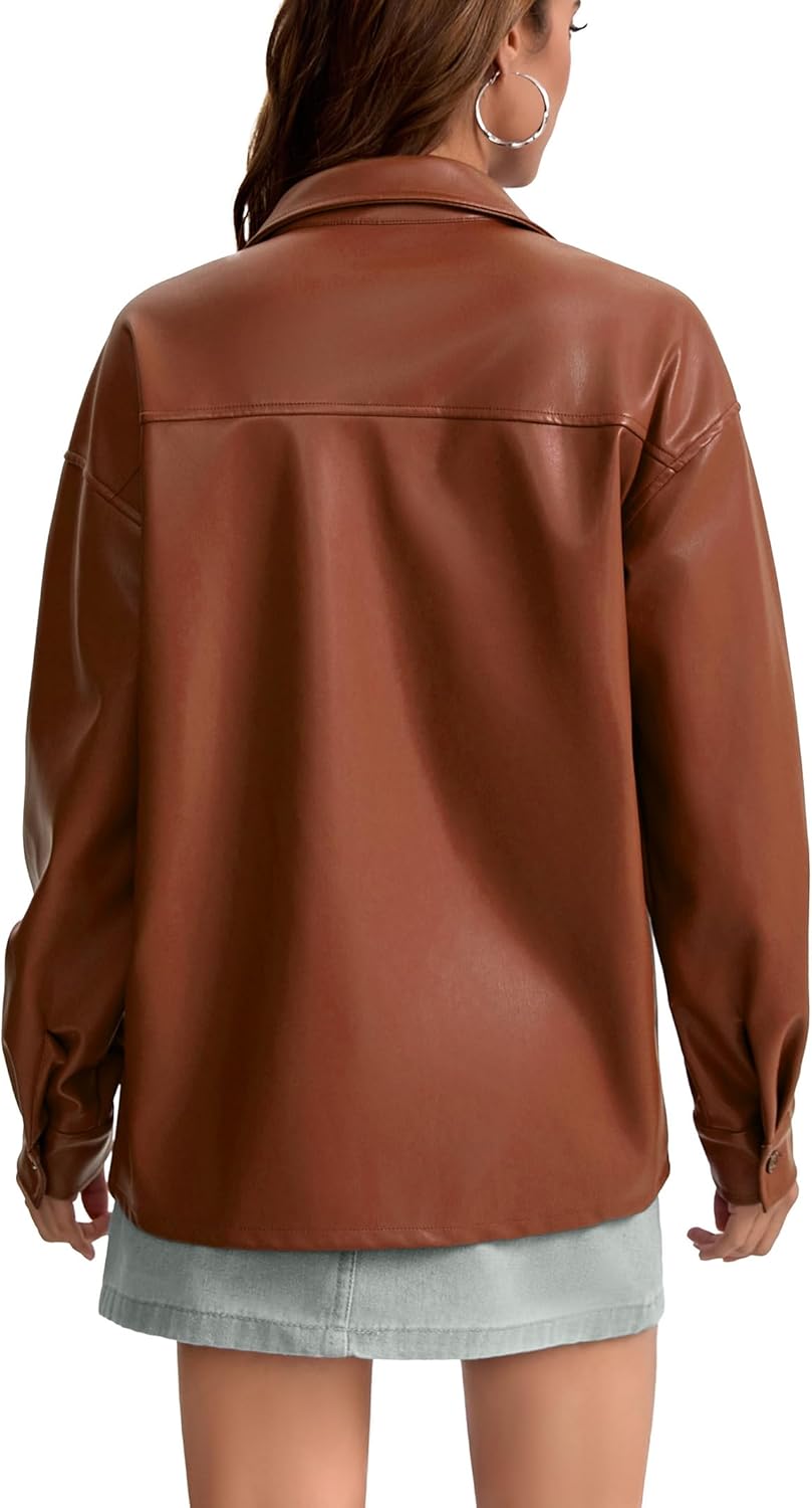 Women's Faux Leather Button-Down Shirt Jacket Lightweight Long Sleeve PU Blouse Shacket Tops - Image 5