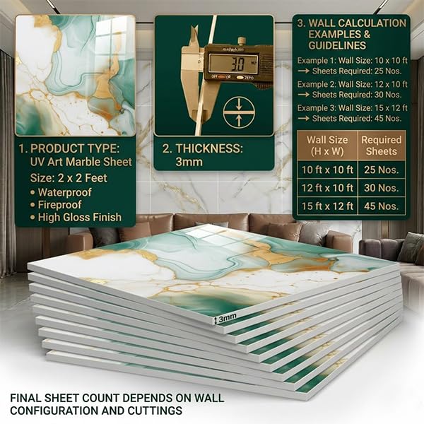 Image of OCEANSKY Green & Gold Abstract Marble UV Panels, Pack of 8