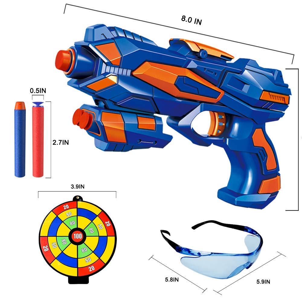 2er Set Pistole Kinder, Spielzeug Blaster Pistolen mit 60 Schaumstoffpfeilen + 2 Schutzgläser + 2 Dart Handgelenkband, Schießspielzeug Kind, Geburtstag /Nikolausgeschenk für Jungen Mädchen 3-10 Jahre