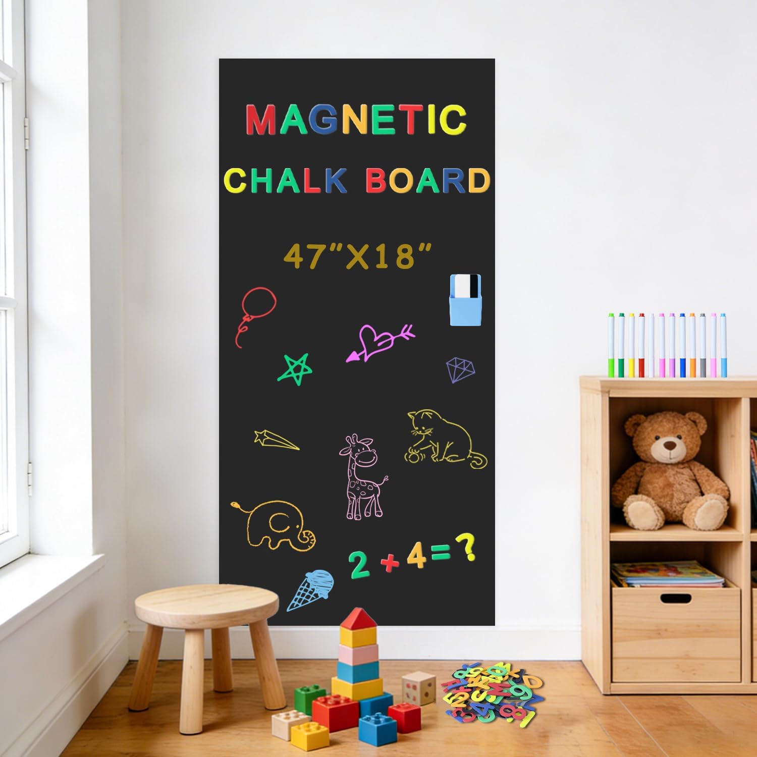 Magnetic Wall Board Self-Adhesive 47.2x17.5 in Magnetic Sticker for Wall Peel and Stick Magnet Wallpaper Black Magnet Wall Decal Rectangle with Multiple Accessories for Kids Playroom Home Cafe Decor