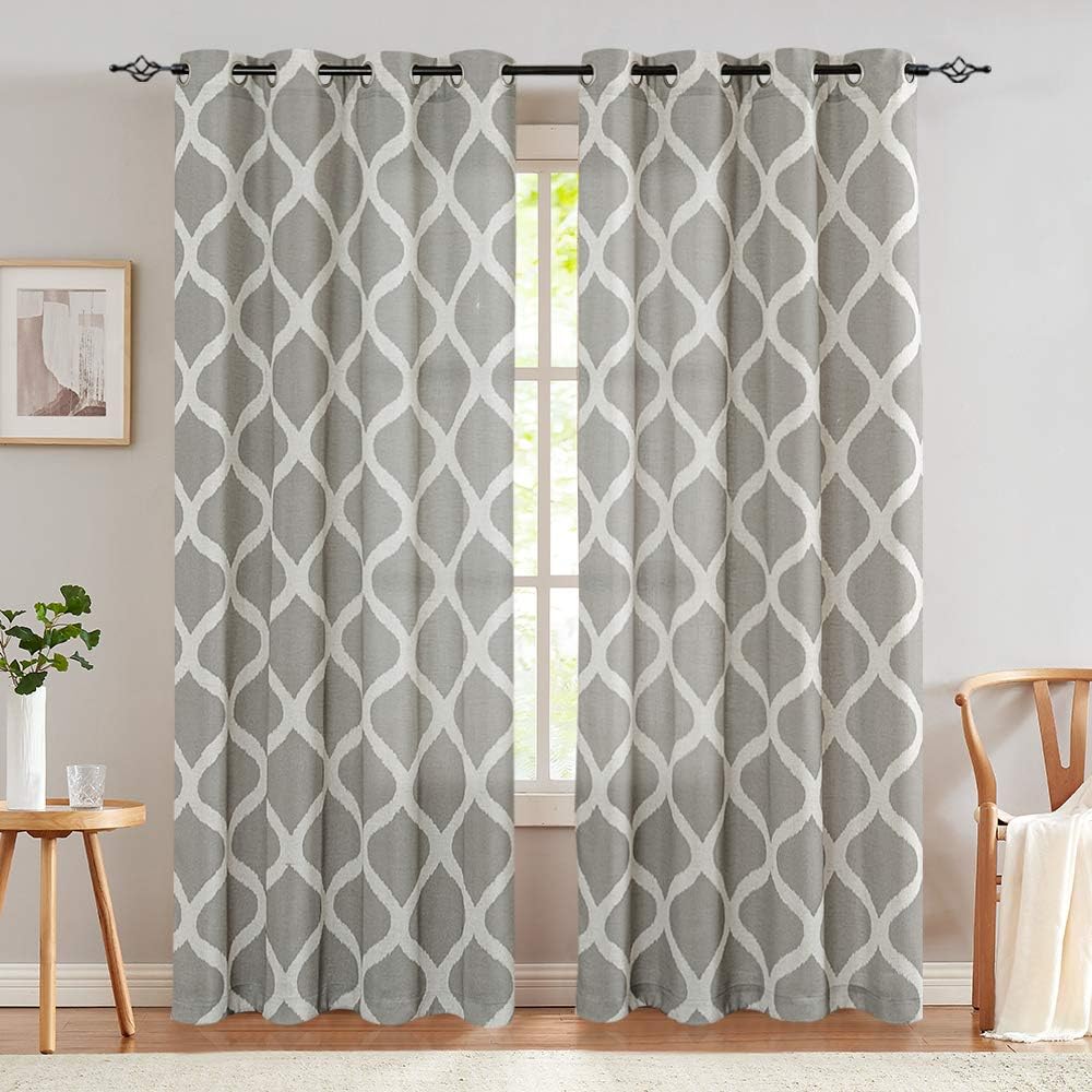 Linen Curtains Ogee Pattern Textured Lattice Grommet Top Window Panels Drapes for Bedroom Living Room Window Patio Door 2 Panels