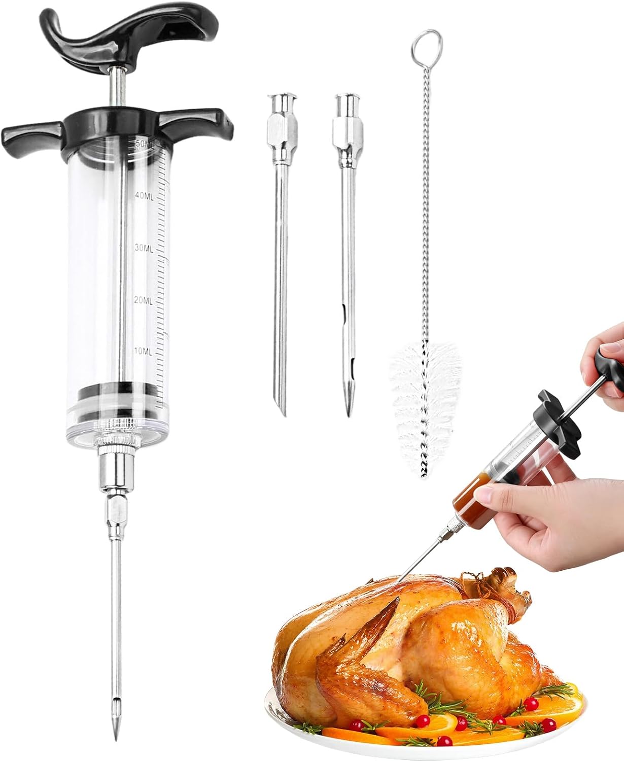 Turkey Meat Injector,Manual Meat Marinade Injector Syringe Kit,Flavor Food BBQ Injectors for Smoking,Include 3 Stainless Steel Meats Needles 1 Cleaning Brush (Red)