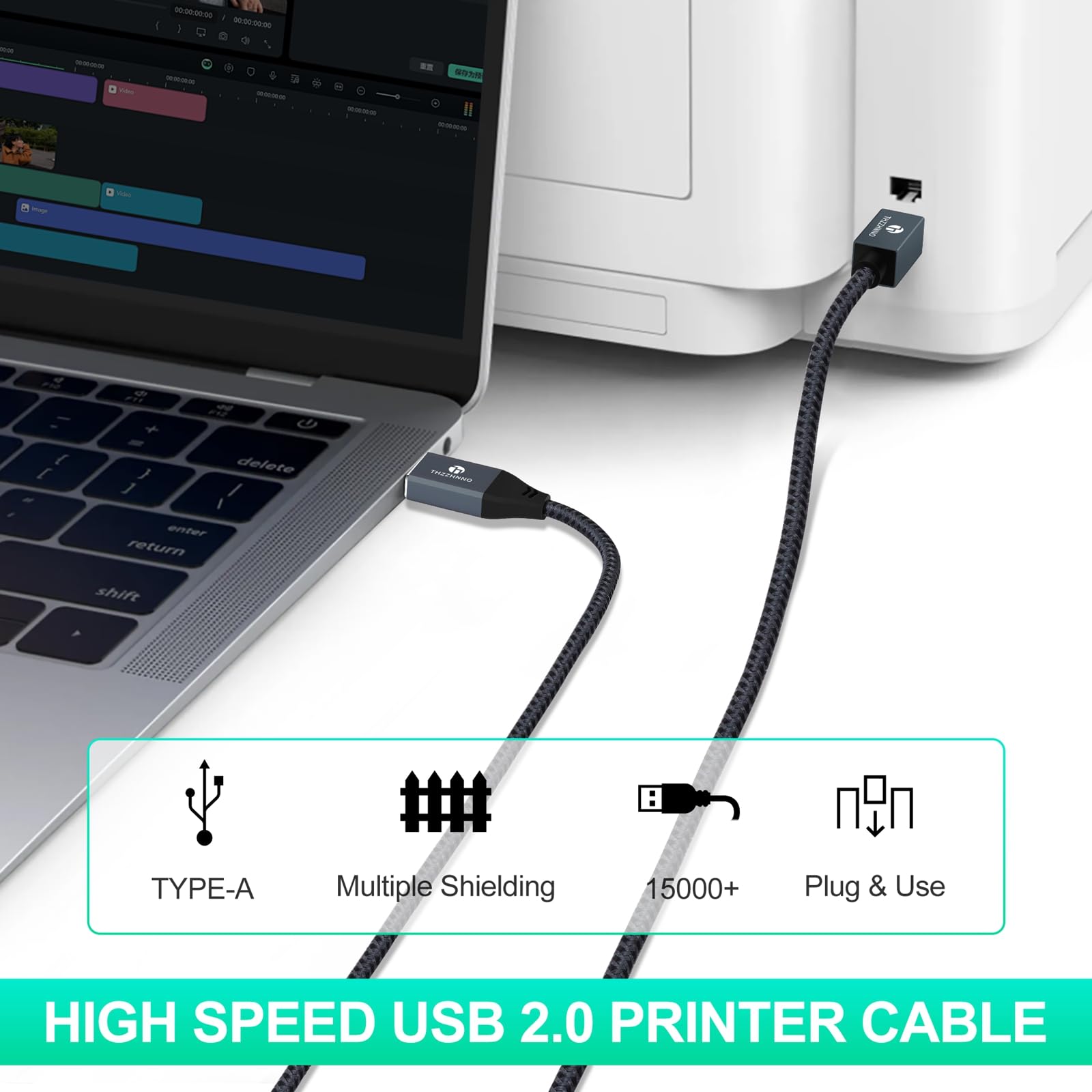 Thzzhnno Cavo USB per Stampante da 5M, USB A a USB B, USB 2.0 Tipo A Maschio a B Maschio per scanner HP, Dell, Epson, Xerox, Lexmark, Brother, Canon, Samsung, Pianoforte
