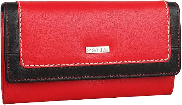 STARHIDE Ladies Purse Women RFID Blocking Genuine Leather Flap Over Long Clutch Wallet 5560 (Red Black)