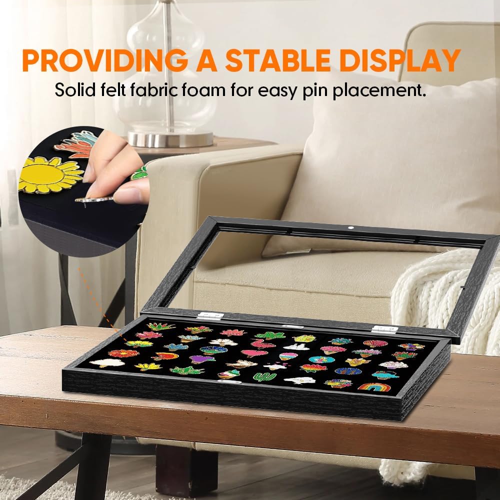 Enamel Pin Display Case, 13" X 9.5" Pin Display Board for Enamel Pins, Black Pin Collection Display for Wall and Tabletop Display, Wall Hanging Pin Holder Display Shadow Box for Pins