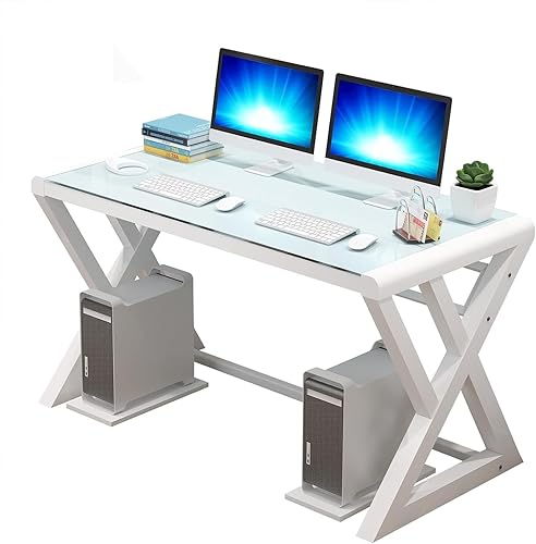 NA - Escritorio de vidrio para computadora con marco de metal, escritorio de oficina en casa, mesa de computadora, moderna, simple, para estudio,