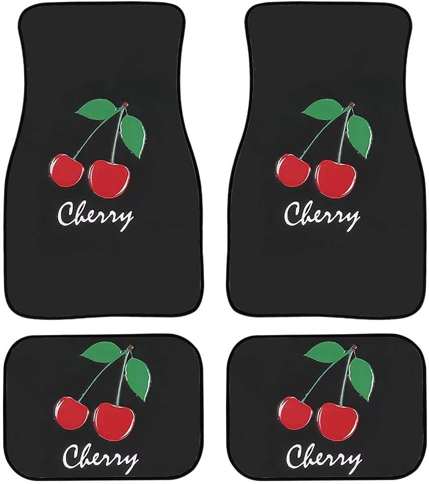 AFPANQZ Cute Cherry Design Car Floor Mats Heavy Duty Universal Fit for SUV Trucks Sedans Vans, Set of 4 Front & Rear Carpet Cushion Anti Skid Rubber Mat Protection All Weather Black Red
