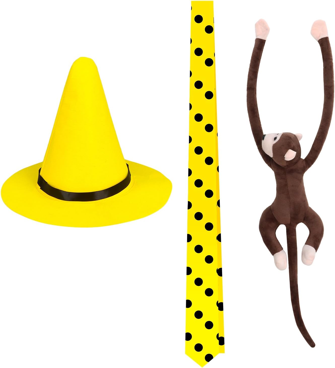 FOCUSOUL Man Yellow Hat Costume Accessories Pointy Hat Polka Dot Tie Stuffed Monkey Halloween Cosplay Set - Image 2
