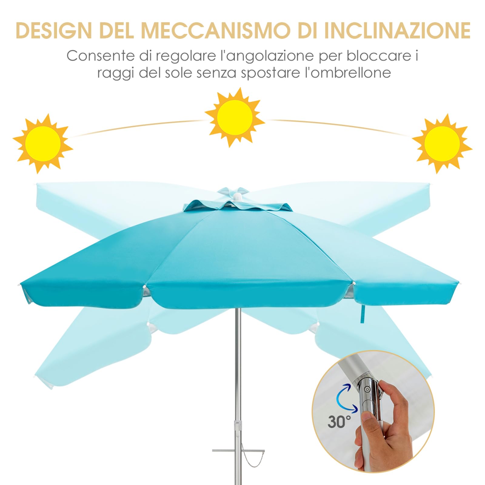 COSTWAY Ombrellone da Spiaggia 198 cm, Parasole Esterno con Palo Inclinabile in Alluminio, Anti UV 50+, 8 Stecche, Blu