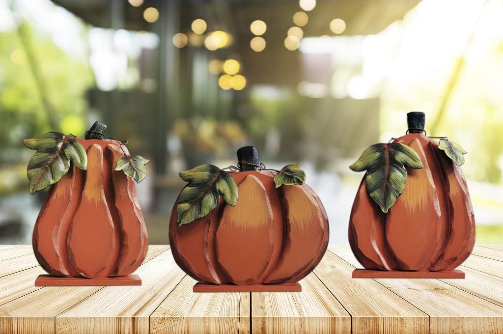 Linfevisi Fall Pumpkin Decor Standing Flat Pumpkin Decoration Indoor Outdoor Wooden Pumpkin Decor for Autumn Harvest Wood Pumpkin Yard Signs Thanksgiving Halloween Fall Decor Garden Decoration 3 Pack