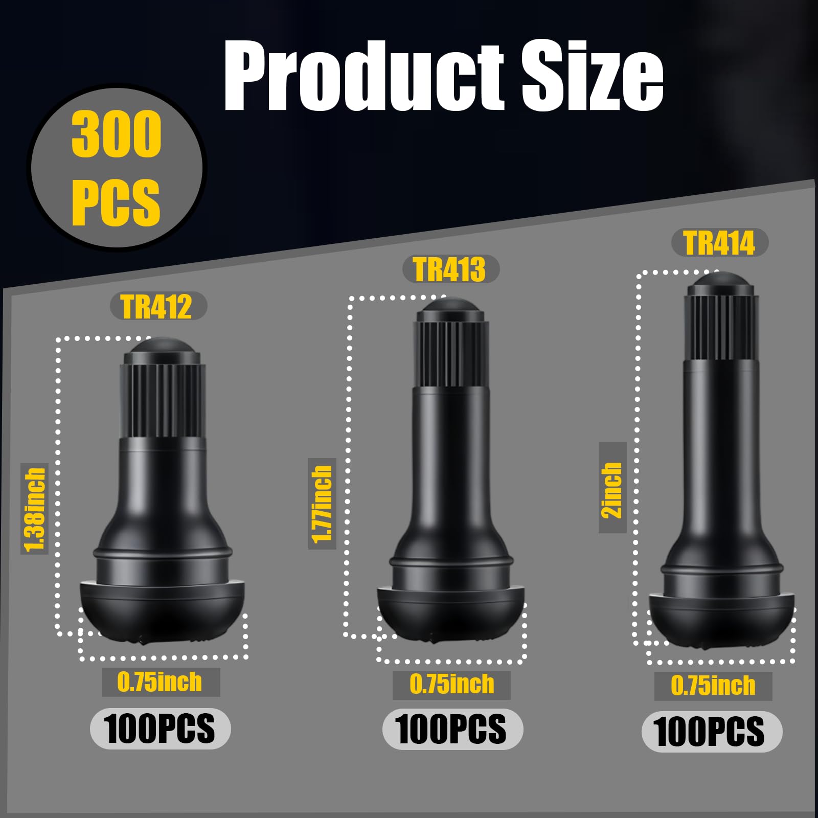 300 Pcs Tire Valve Stems TR412 TR413 TR414, Black Rubber Snap-in Tubeless Valves Stems with Replacement Tools for Car Tubeless Rim Holes on Standard Vehicle Tires