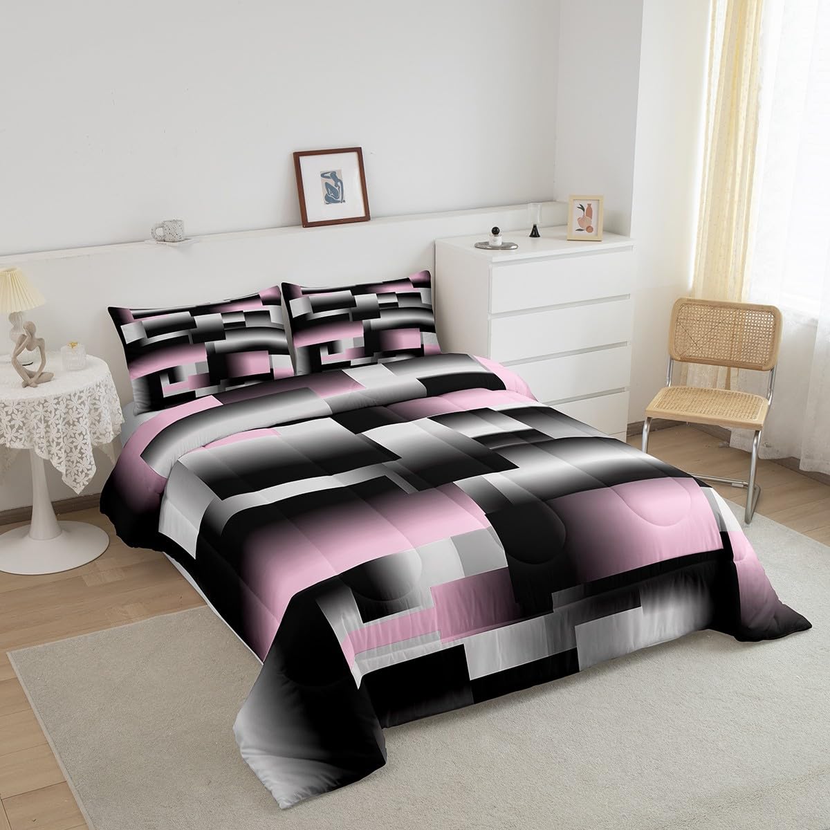 jejeloiu Modern Abstract Comforter Set Queen Size Pink Gray Black White Geometric Art Comforter Geometry Rectangle Room DecorBedding Set Quilt 3Pcs Duvet Set Boys