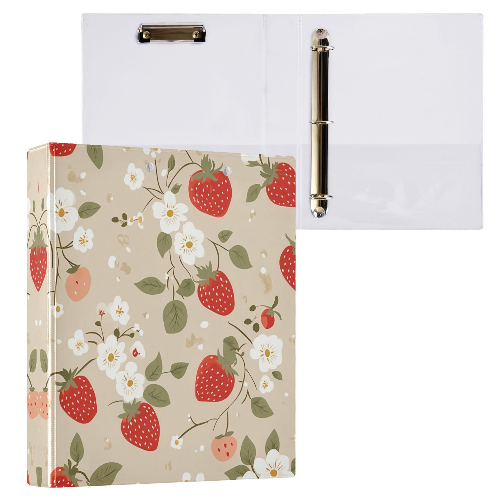Raccoglitori ad anelli con 3 anelli, 3,8 cm, fragole e fiori bianchi, decorativi, rotondi, con clip in metallo, organizer per casa e ufficio, confezione da 2