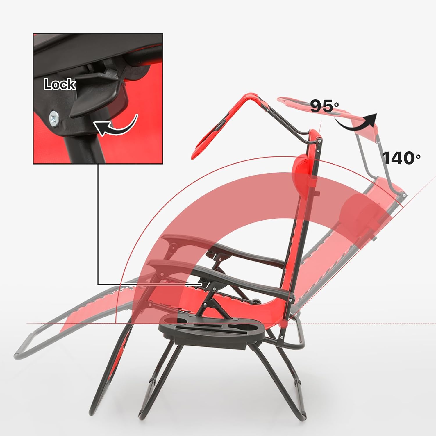 Magshion Zero Gravity Lounge Chair with Canopy, Outdoor Foldable Patio Reclining Chair with Side Tray, Adjustable Anti-Gravity Recliner with Pillow Headrest, Lounger for Lawn Camping Beach (Red)