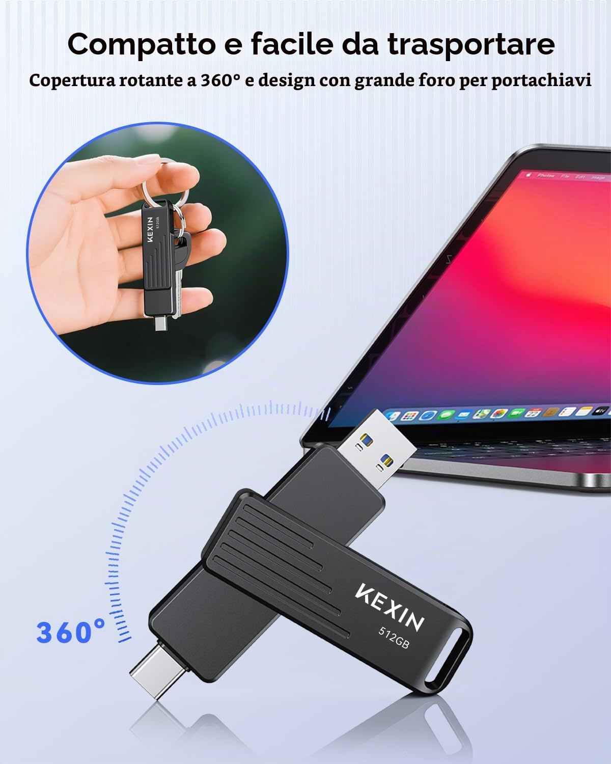 KEXIN 512 GB SSD Esterno USB C fino a 1050 MB/s chiavetta USB doppia con connettori USB Type-C e USB-A USB 3.2 Gen 2 Memoria Esterna girevole per iPhone 15/16/17, smartphone, tablet, laptop