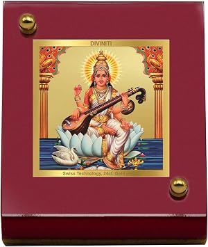 Diviniti Goddess Sarswati Idol Photo Frame for Car Dashboard, Table Decor, Office | MDF 1B Wooden Frame and 24K Gold Plated Foil| Religious Photo Frame Idol for Pooja, Gifts Items 6.3x5.5 cm