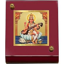 Diviniti Goddess Sarswati Idol Photo Frame for Car Dashboard, Table Decor, Office | MDF 1B Wooden Frame and 24K Gold Plated Foil| Religious Photo Frame Idol for Pooja, Gifts Items 6.3x5.5 cm