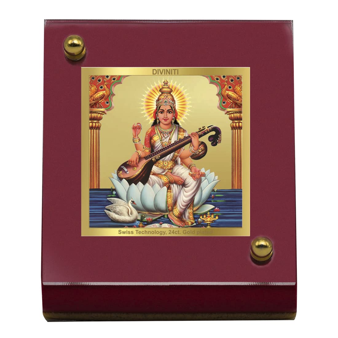 DIVINITI Goddess Saraswati Mata Photo Frame for Car Dashboard, Car Idol, Table Decor|MDF 1B wooden Frame with 24K Gold Plated Foil|Religious Frame For Pooja, Prayer and Gift (6.5x5.5 cm)