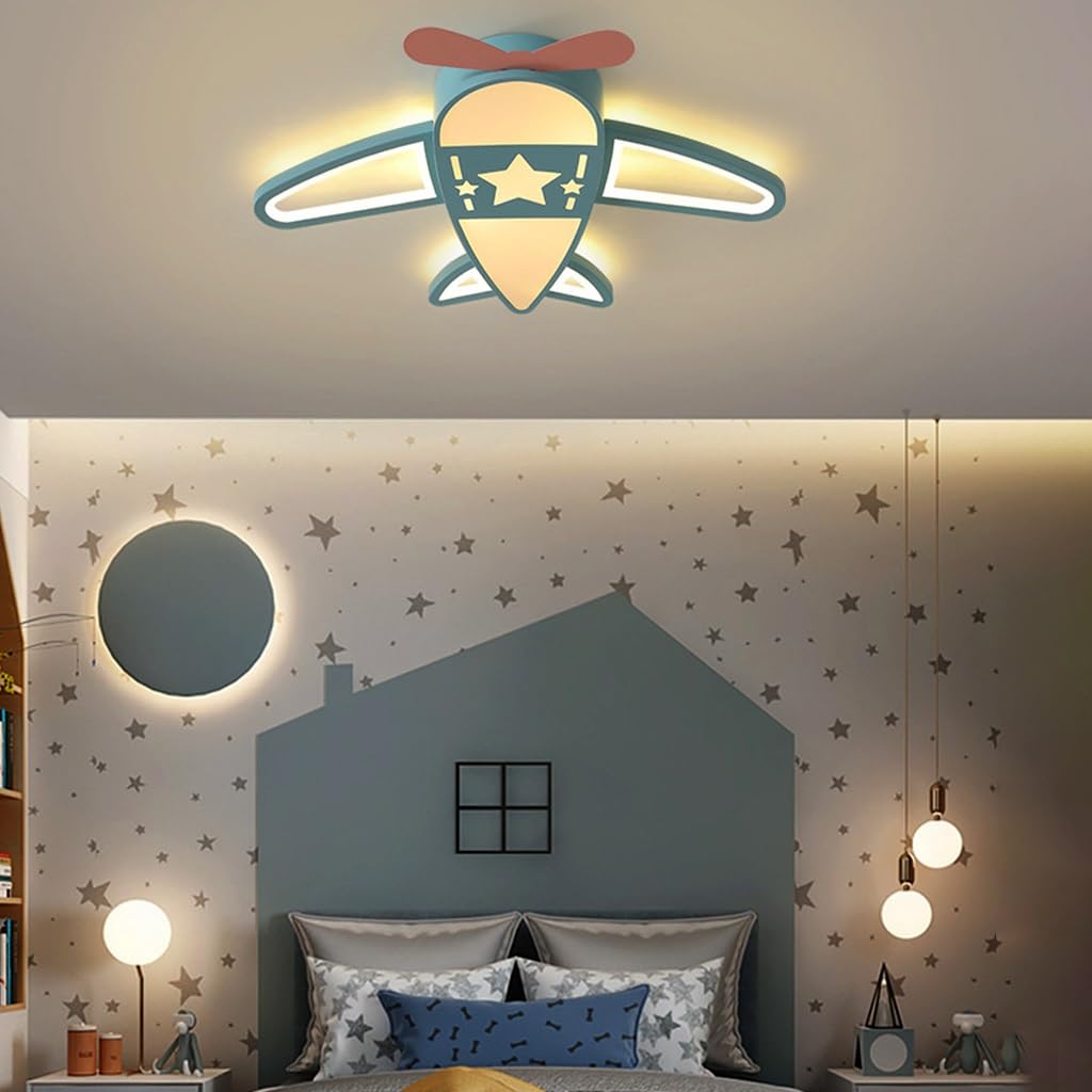 LED Deckenleuchte für Kinder Zimmer, 52W Flugzeug Design Mit Fernbedienung und Dimmbar, 3000K~6500K, Babyzimmer Dekolampe, 76cm, Himmelblau
