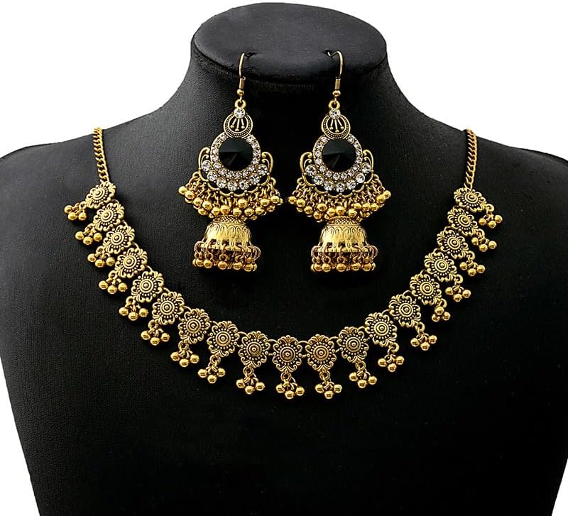 Indian Jewelry Sets for Women Bollywood Traditional Exaggerated Short Choker Necklace Antique Gold Vintage Boho Oxidized Ethnic Crystal Bell Tassel Dangle Earrings Jhumka Jhumk Collar Statement Wedding Bridal Costume Gifts - Image 4