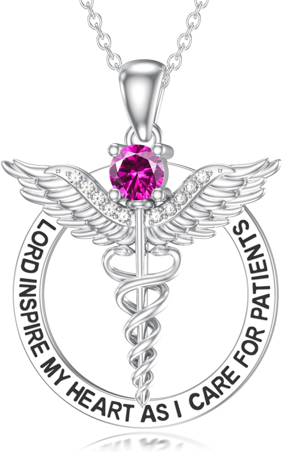 Nurse Caduceus Birthstone Pendant Necklace for Women,925 Sterling Silver Angel Wings Nurse's Day Doctor Medical Jewelry Gifts for RN Registered Graduation Retirement