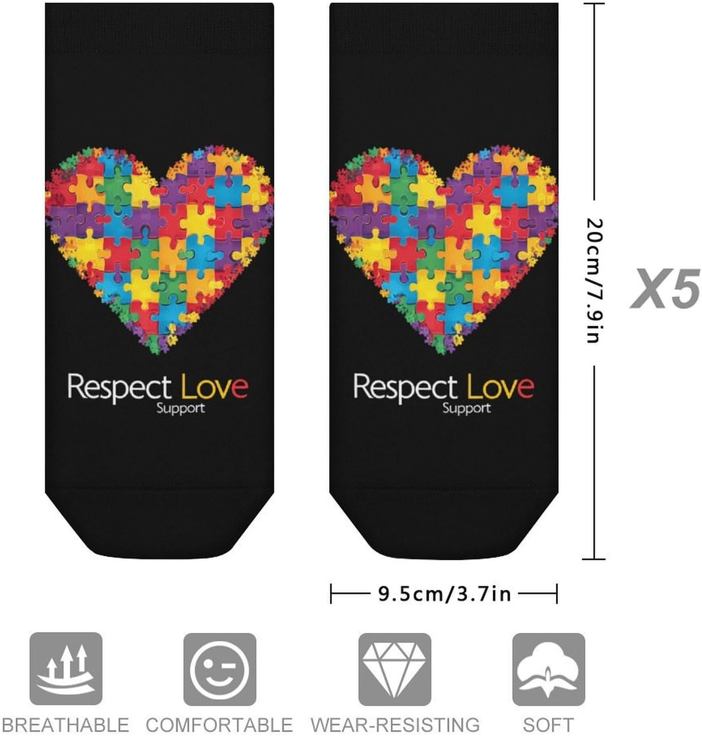 Autism Awareness Respect Love Socks for Men Women 5 Pairs Ankle Socks