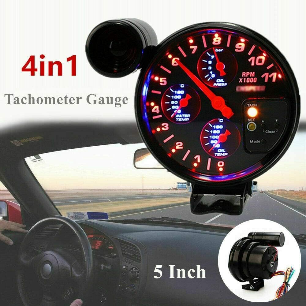MACHSWON 5 inch Tachometer Gauge Kit Car Motor 4 in 1 RPM Meter 12V LED with Seat and Adjustable Shift Light Oil Press Water Oil Temp Sensor