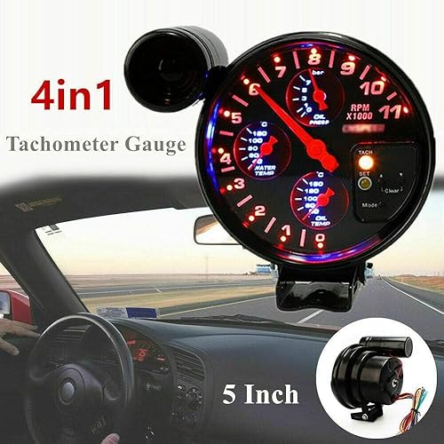 Miniatura 2 de MACHSWON Kit de medidor de tacómetro de 5 pulgadas, motor de automóvil, medidor de 4 en 1 RPM, 12 V, LED con asiento y luz de cambio ajustable,