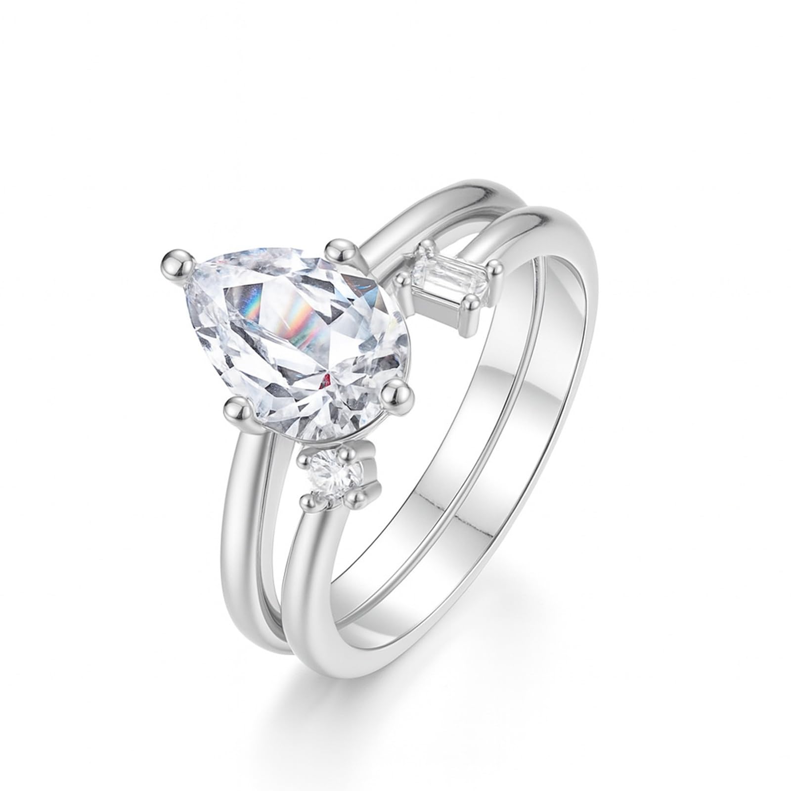 Bague Femme Fiançailles Or 9/14/18 carats, Lot de 2 Anneaux Incrusté de Moissanite Poire, Bague Empilable Or Blanc Personnalisée Taille 47