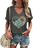 Adventure Camping Hiking V Neck Shirt for Women Funny Sun and Mountain Graphic Tee Casual Outdoor Short Sleeve Top Blouse(M,Dark Grey-B)