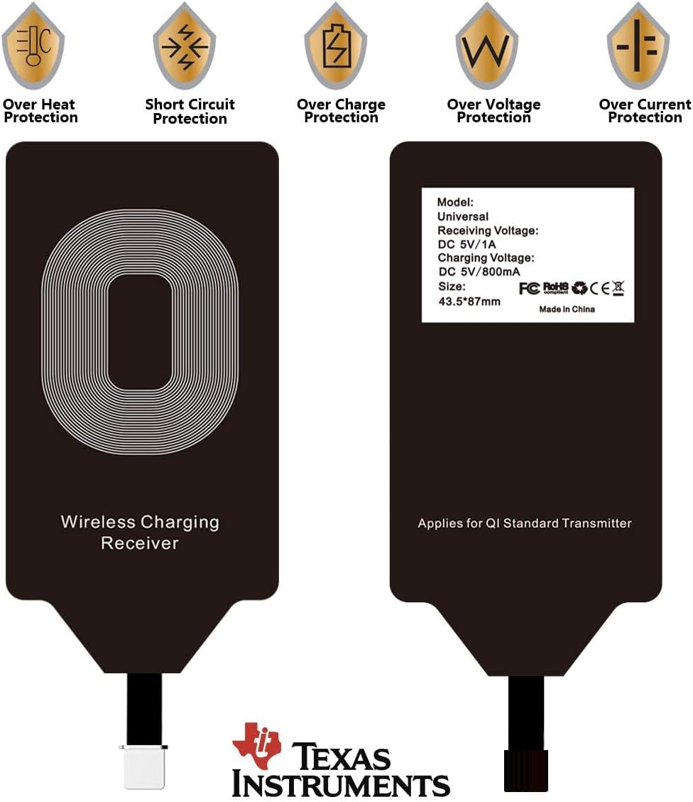 Wireless Charging Receiver with safety icons and specifications