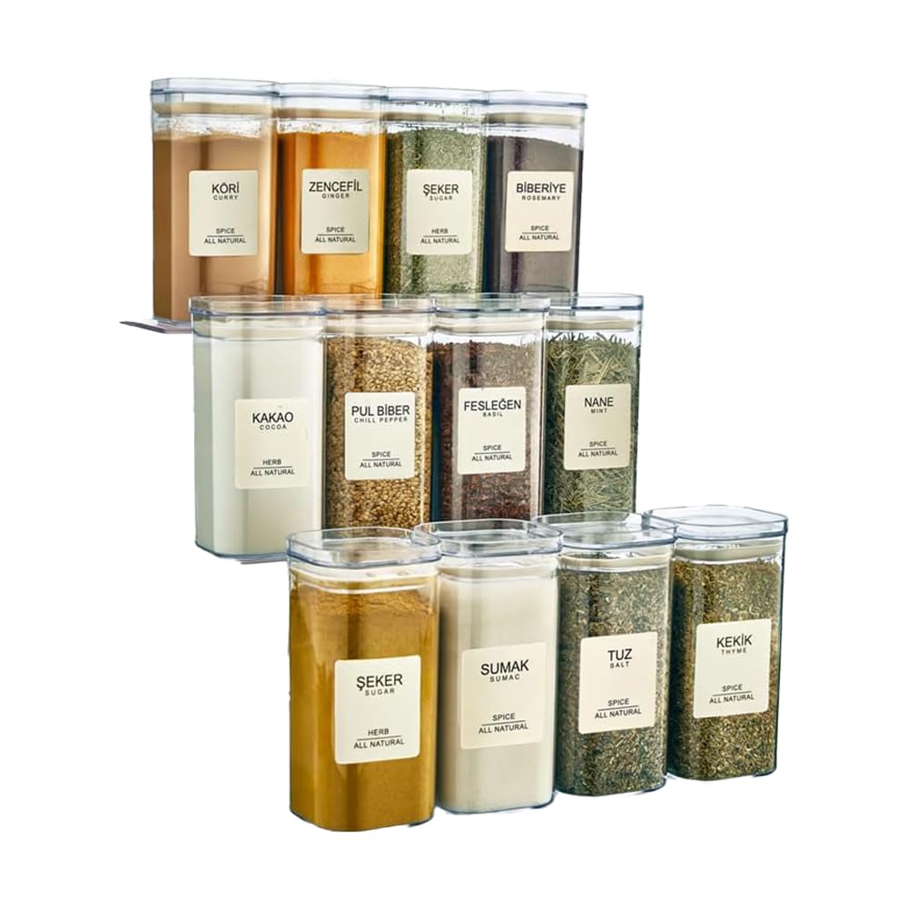 12-teiliges Acryl-Gewürzgläser Set – 300 ml – Quadratisch & stapelbar – Mit luftdichtem Vakuumdeckel & 40 Etiketten – BPA-frei & ideal zur Vorratshaltung