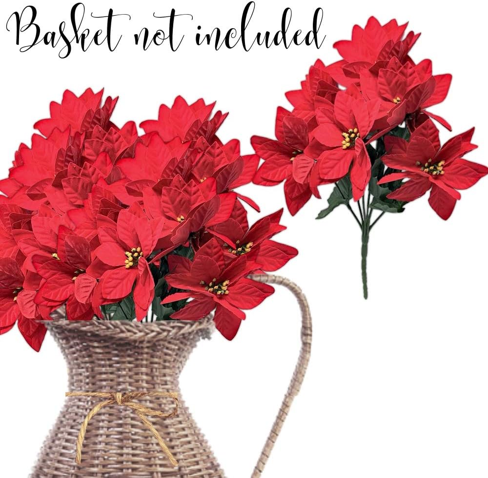 Poinsettia Picks - Set of 8 Poinsettias Stems - 7 Red Christmas Flowers Each - 11" H - Poinsettia Flower Bunch for Decorations - Holiday Flowers