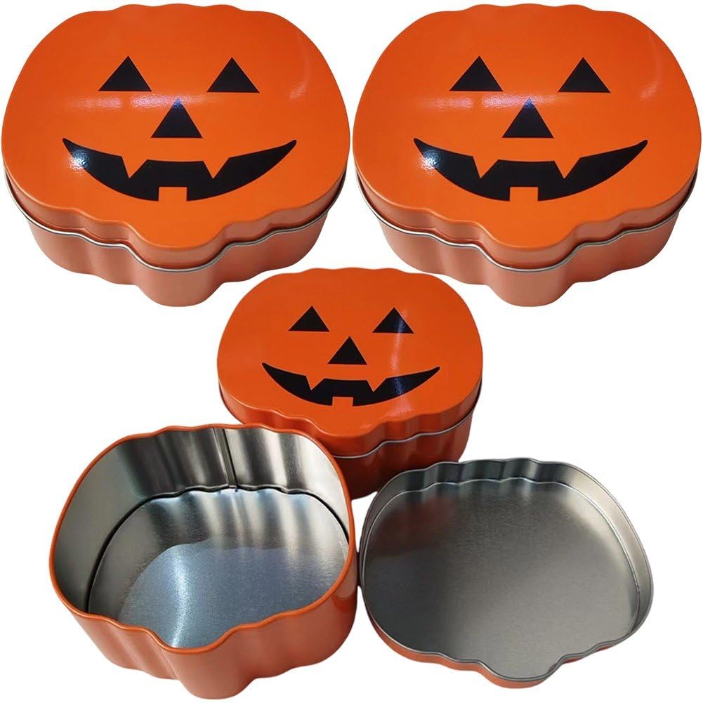 Fituenly 4pcs Halloween Pumpkin Candy Tins with Lids Sturdy Tinplate Storage Boxes Irregular Shape Decorative Holders Compact Portable for Party Favors
