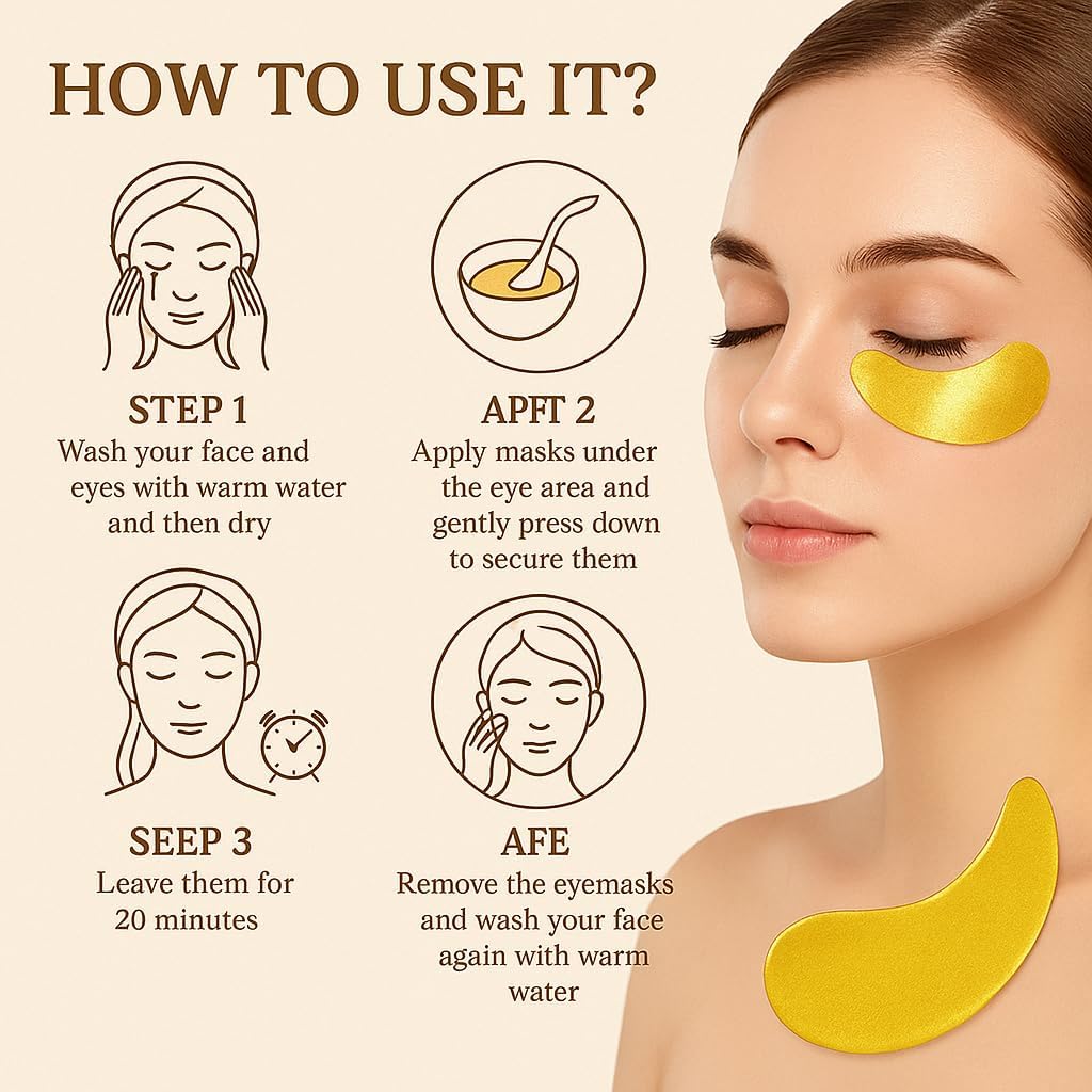 Under Eye Patches - 60 Pcs - 24K Gold Eyes Mask- Puffy Eye & Dark Circles Treatments,Reduce Under Eye Bags and Smooth Wrinkles, Skin Care Pads | Hydrogel Patch Mask Eyes Treatment for Dryness Relief. - Image 2 thumbnail