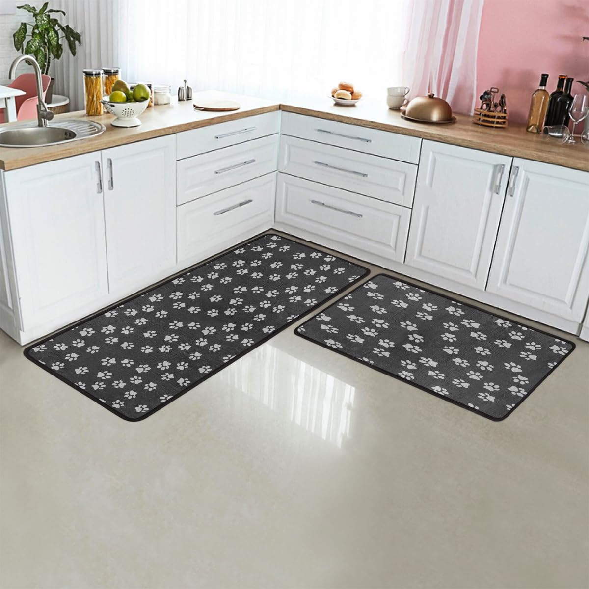 Set di 2 tappetini da cucina con stampa di zampa di gatto, antiscivolo, assorbenti, imbottiti, anti-fatica, lavabili, per casa, lavanderia, ufficio, lavanderia, 43,2 x 73,7 cm + 43,2 x 119,4
