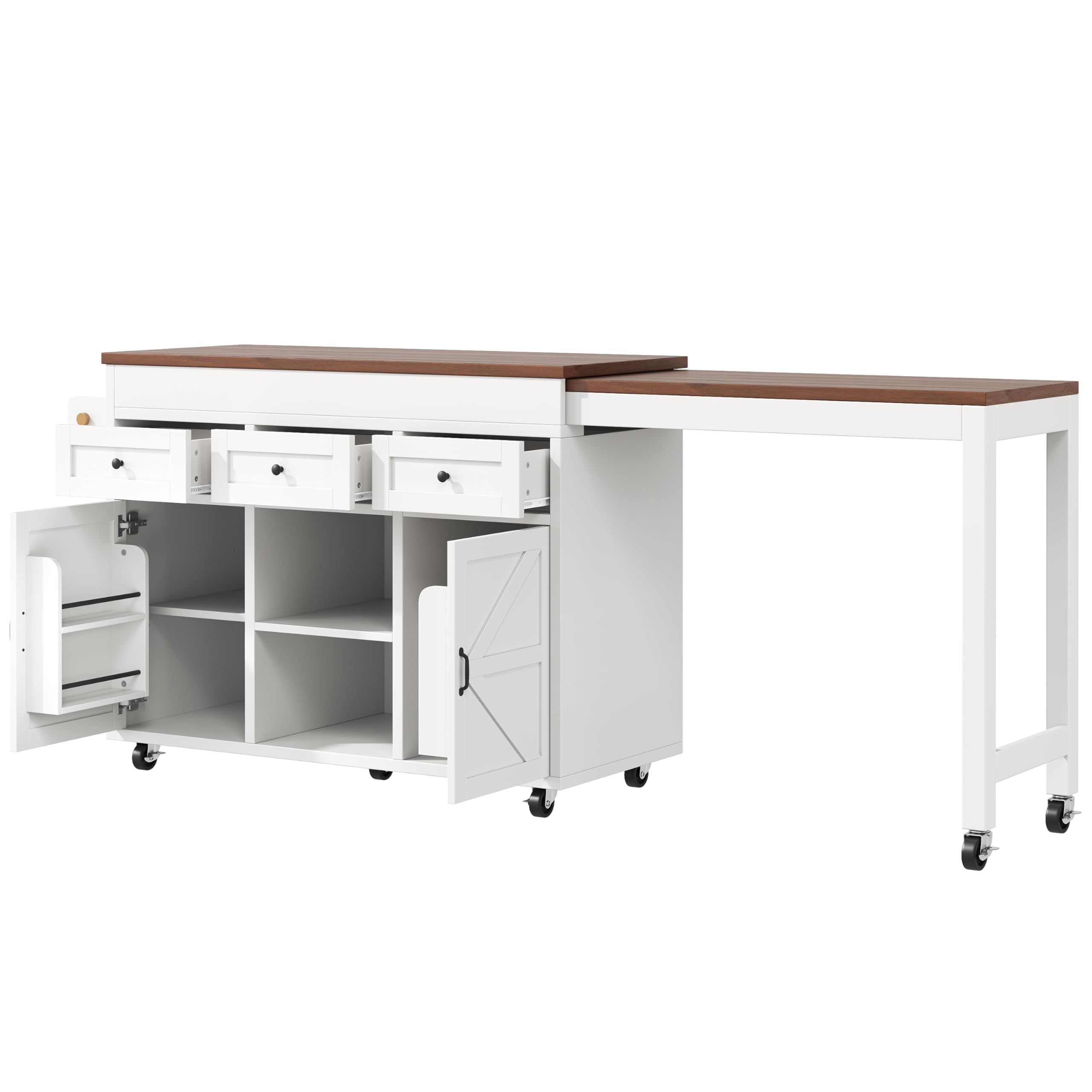 Kebnor Isola cucina con vano portaoggetti, tavolo da pranzo allungabile tavolo da bar (131,5-210 cm), girevole a 360°, con cassetti e armadi, piano di lavoro versatile per cucina, sala da pranzo e