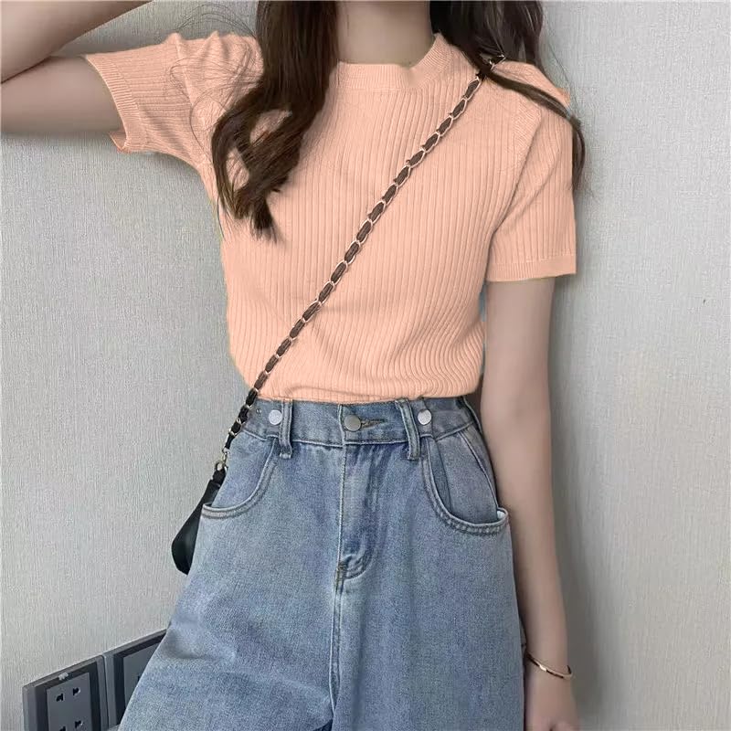 Image of Istyle Can Plain Round Neck Rib Knit Regular Top for Women (in, Alpha, S, Regular, Peach)