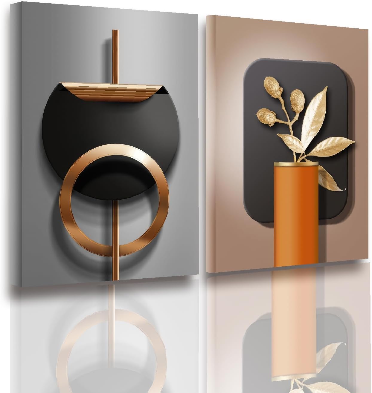 2pcs stereoscopic 3D effect pattern black copper geometric canvas print home dรฉcor abstract wall art Nordic luxury living room picture print Modern artwork shape black gold gray Living room bedroom