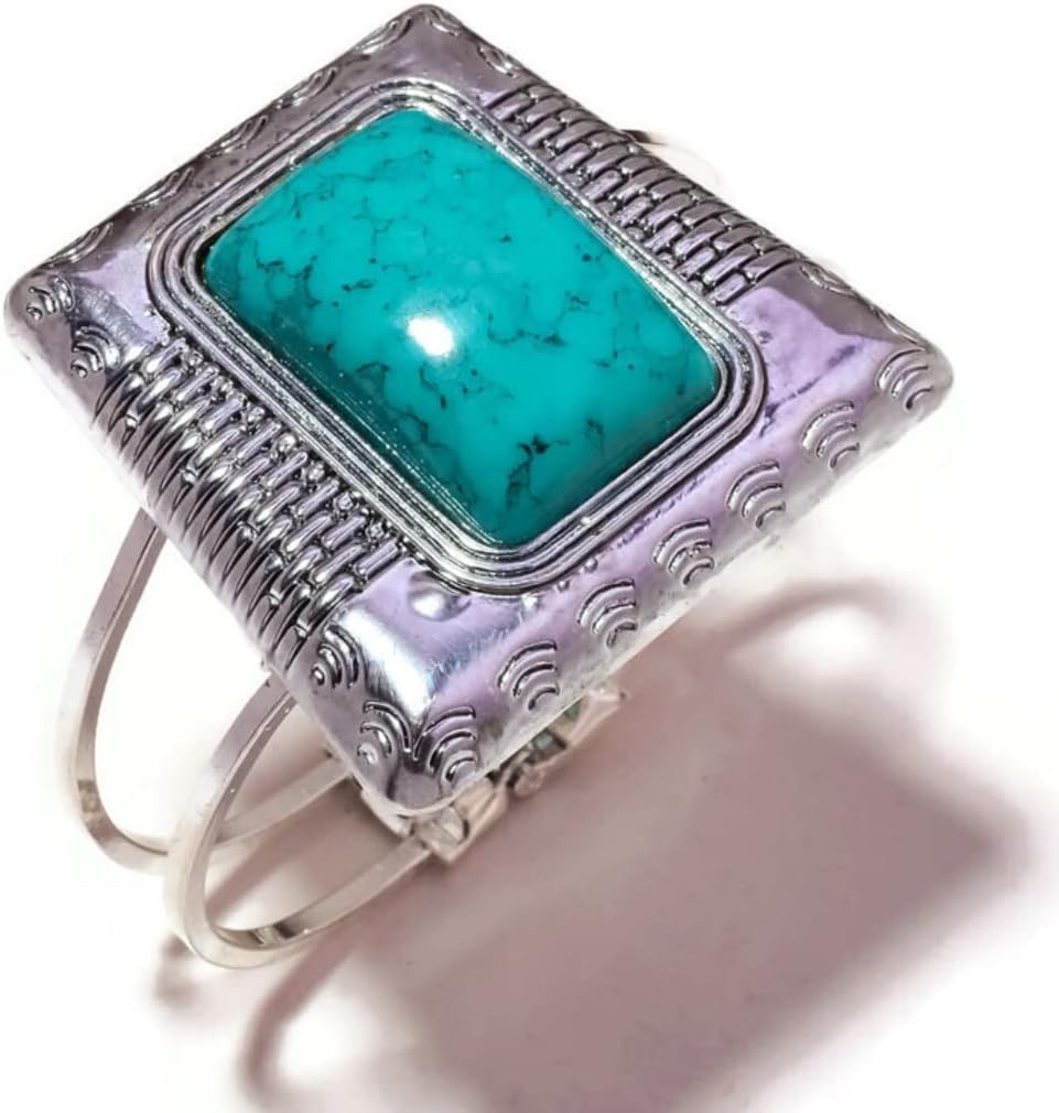 Turquoise Cabochon Rectangle Gemstone Silver Plated Handmade Engraved Cuff Bangle Bracelet