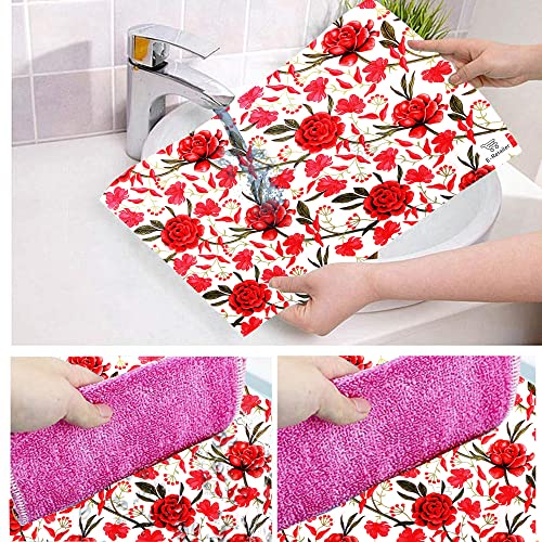 Image of Combo Set of 1 Pc Fridge Top Cover with 6 Utility Pockets And 4 Pc Fridge Mats (Red, Set of 5) (1FC4FM-ROSEFLW-RED)