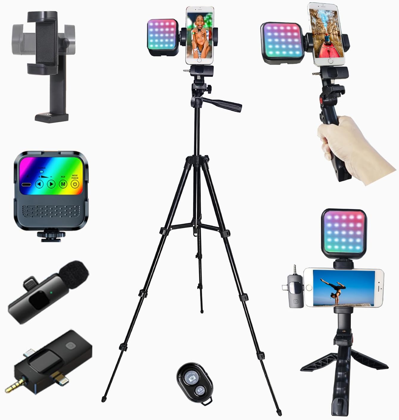 Vlogging Kit for iPhone Andriod Phone, Content Creator Essentials,YouTube Begginer Kit with RotatableHolder/Lavalier Microphone/RGB Light/Remote/Extendable Tripod (60IN Tripod)