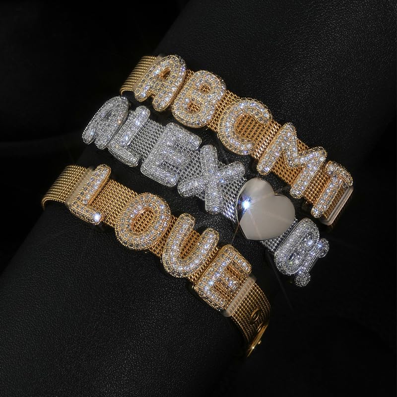 JINMA Custom Name Bracelet for Women Men – Iced Out Bling CZ Letter Charms Plated Adjustable Mesh Bracelet – Personalized Hip Hop Jewelry Gift3