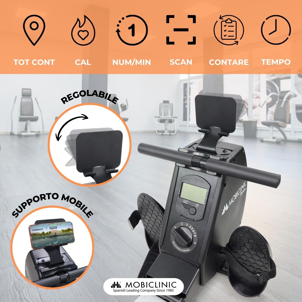 Mobiclinic® fitness, Vogatore, Rowfit, 8 livelli di resistenza, Silenzioso, Magnetica, Monitor lcd, Supporto per cellulare, Fino a 120 kg, Volano da 6, Palestra domestica