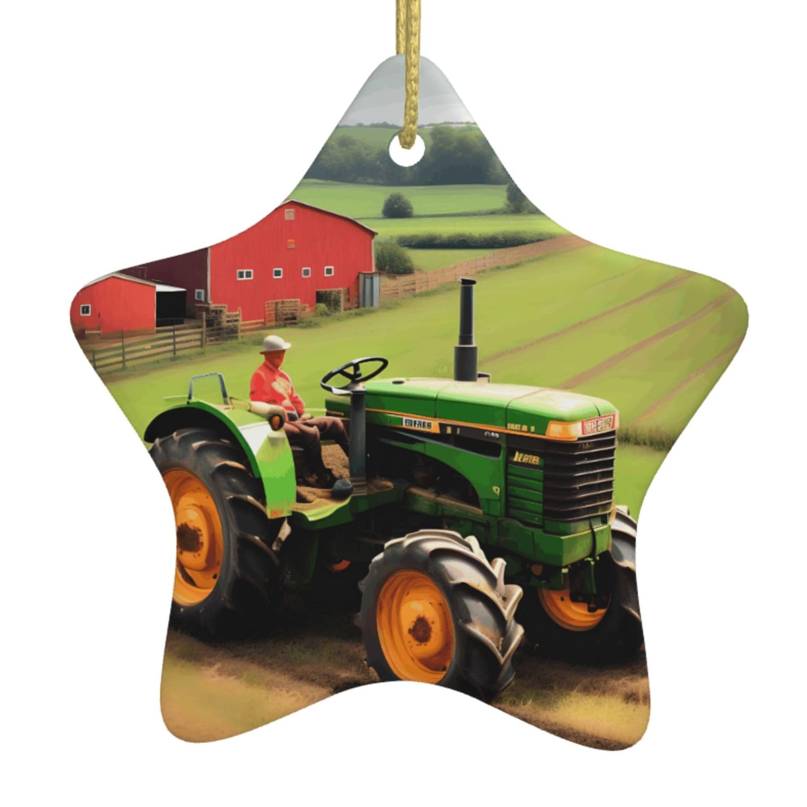 Nbtghga White Tractor Farm Pattern Print Christmas Ornaments, Ceramic Hanging Ornament, Round Shape Decorations