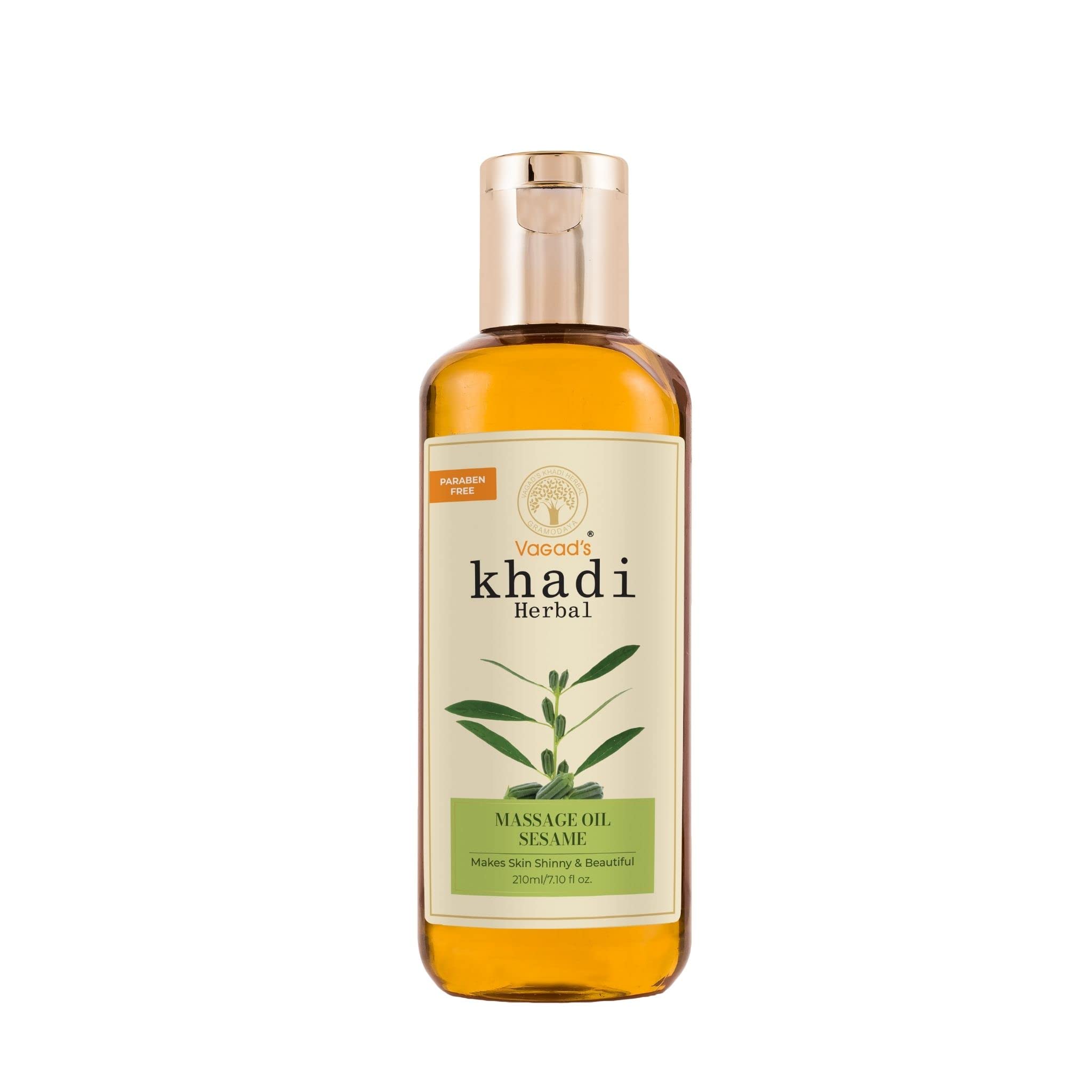 Vagad's Khadi Sesame Body Massage Oil | Herbal And Vegan | Aromatherapy Massage Oil With Pure Essential Oils| For Home Self Massage I Quick Absorbing, 100% Vegan | 210ml