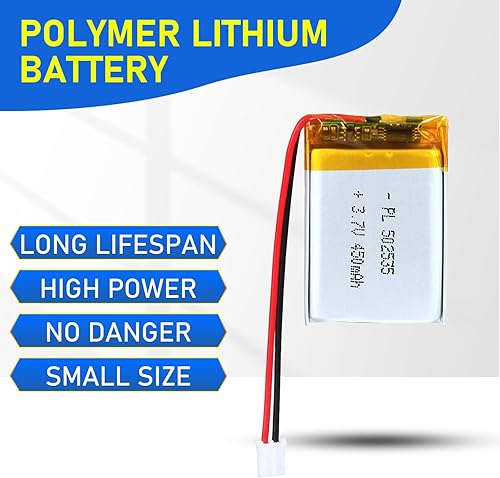 Miniatura 5 de 502535 3.7V Lipo Batería 450mAh 502535 Batería recargable de polímero de litio con conector JST PH2.0.000 in para dispositivo electrónico