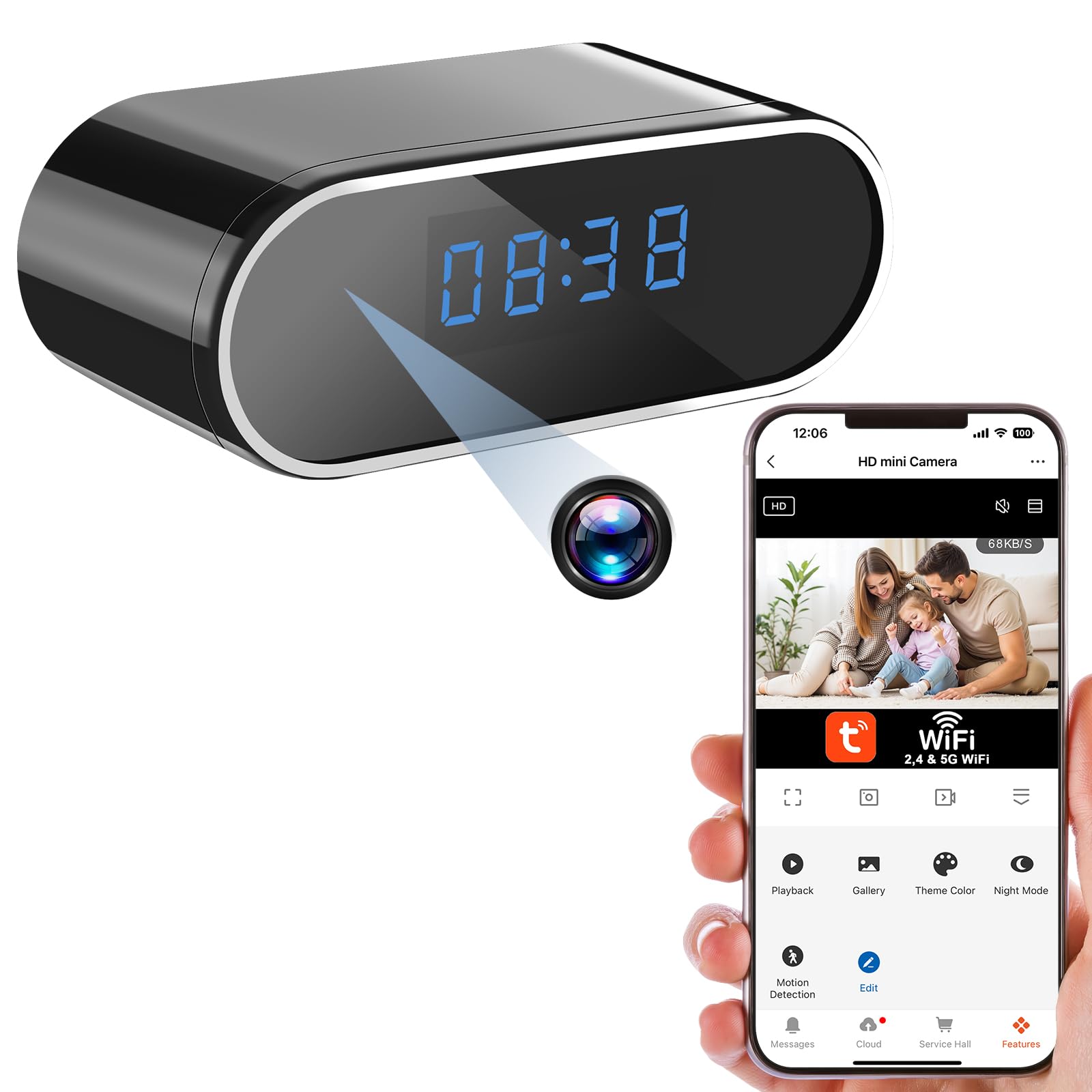 Telecamera Spia WiFi 5G, Mini Telecamera Nascosta WiFi, Telecamera Spia | Telecamera Nascosta 2 in 1 con Orologio, WiFi 2,4 e 5G, Visualizzazione Tramite APP per la Sicurezza Domestica